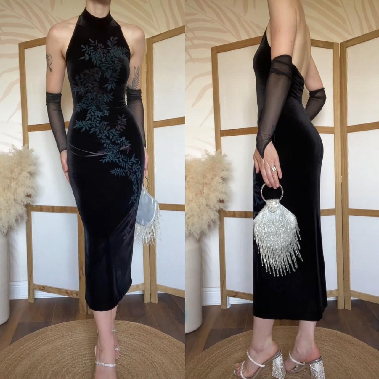 Black velvet stretch high neck evening dress uk 8-10