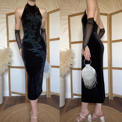 Black velvet stretch high neck evening dress uk 8-10