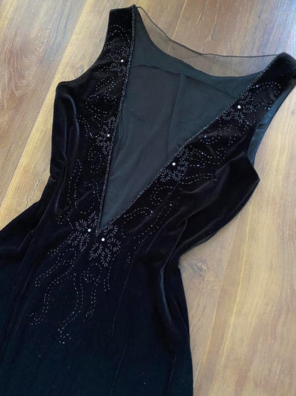 Black velvet stretch beaded low back evening dress uk 12-14