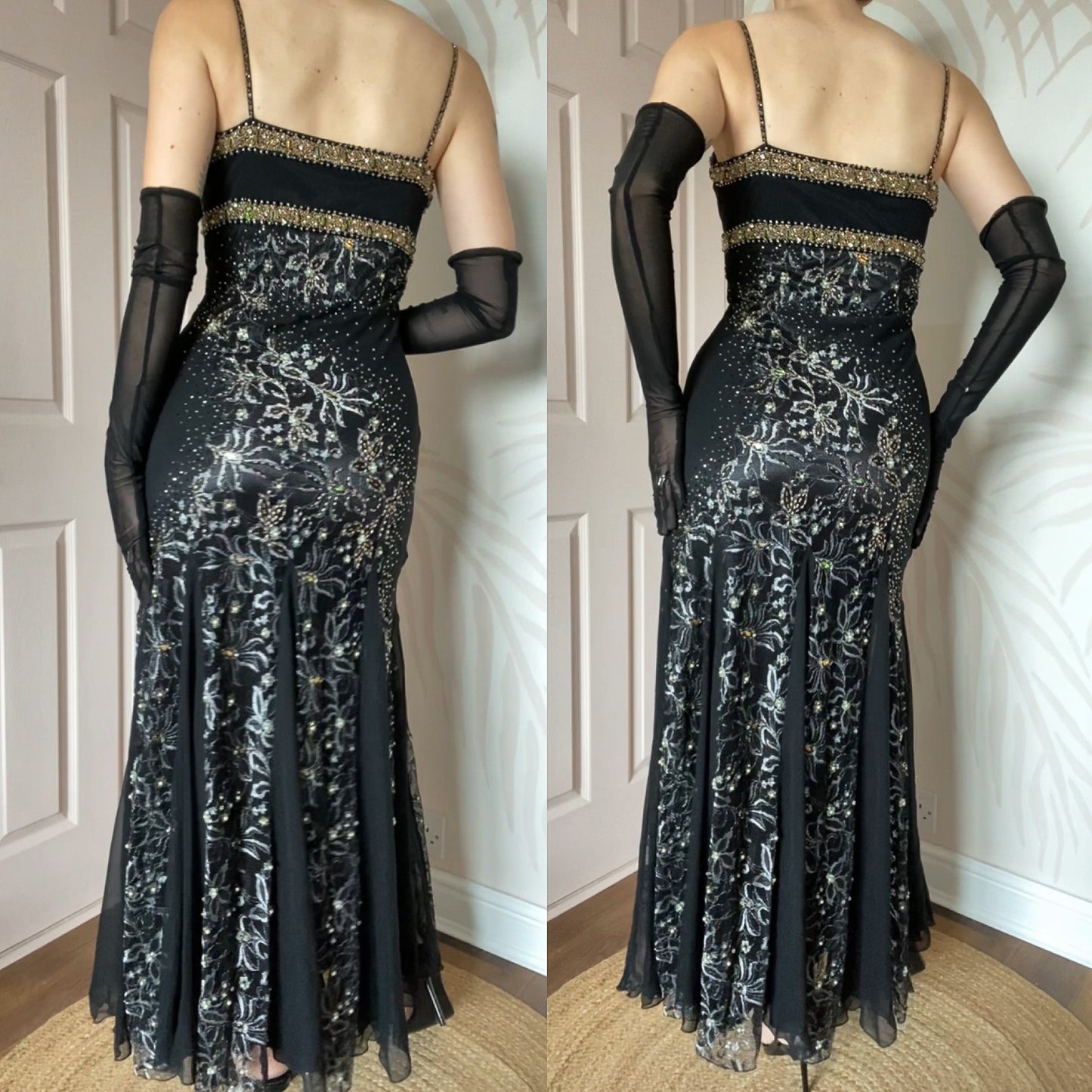 100% silk beaded lace black dress UK 10-12