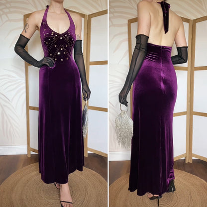 Dark purple velvet halterneck evening dress uk 12