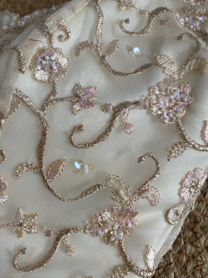 Justin Alexander cream off shoulder embroidered wedding dress uk 8