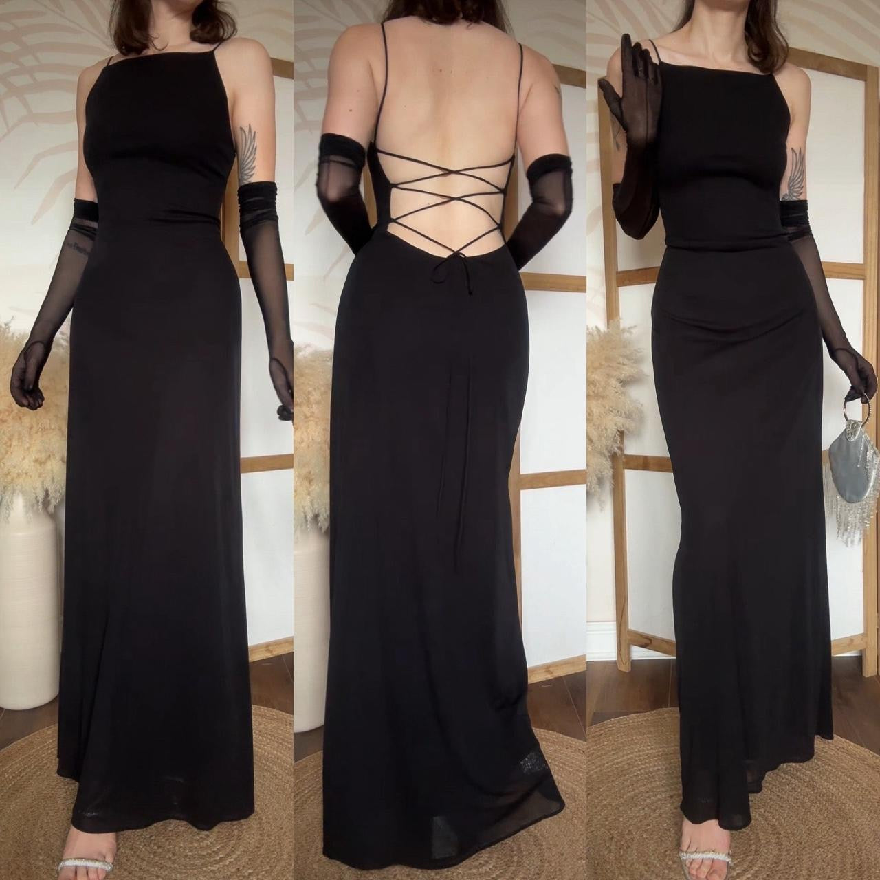 Black stretch 90s lace back evening dress uk 12
