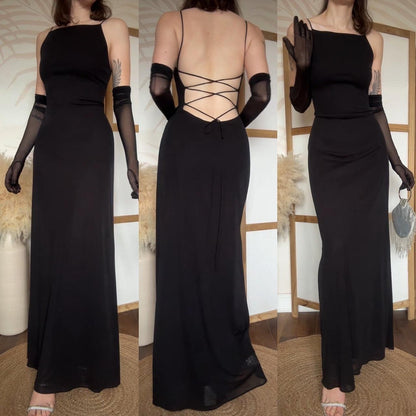 Black stretch 90s lace back evening dress uk 12