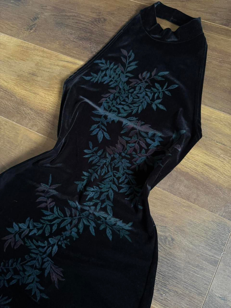 Black velvet stretch high neck evening dress uk 8-10