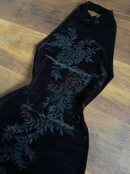 Black velvet stretch high neck evening dress uk 8-10