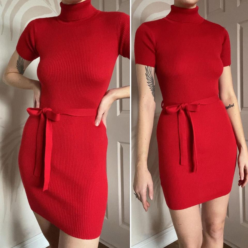 Images red high neck knit mini dress UK 8-10/S