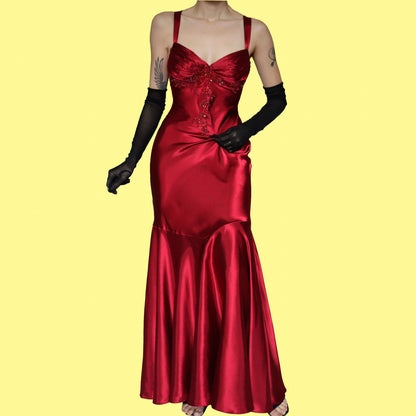 Red satin fishtail evening gown UK 10