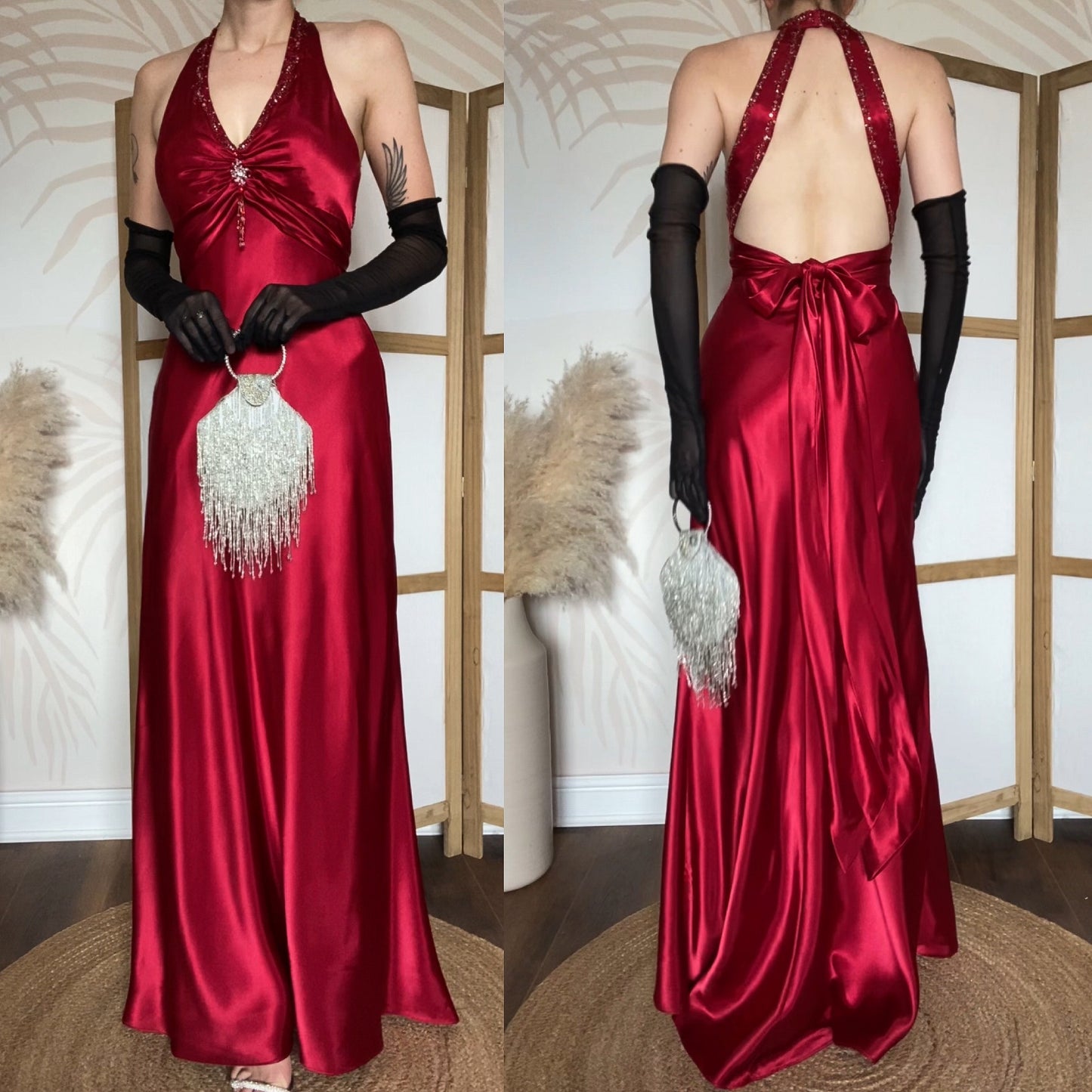 Niki Livas red satin open back evening dress uk 10
