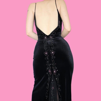 Black velvet beaded evening dress UK 14