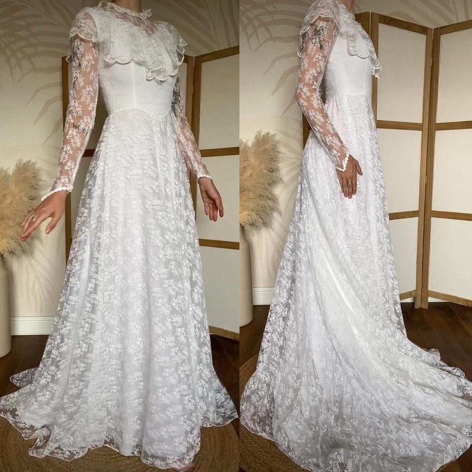 Pronuptia vintage white lace long sleeve wedding dress uk 10