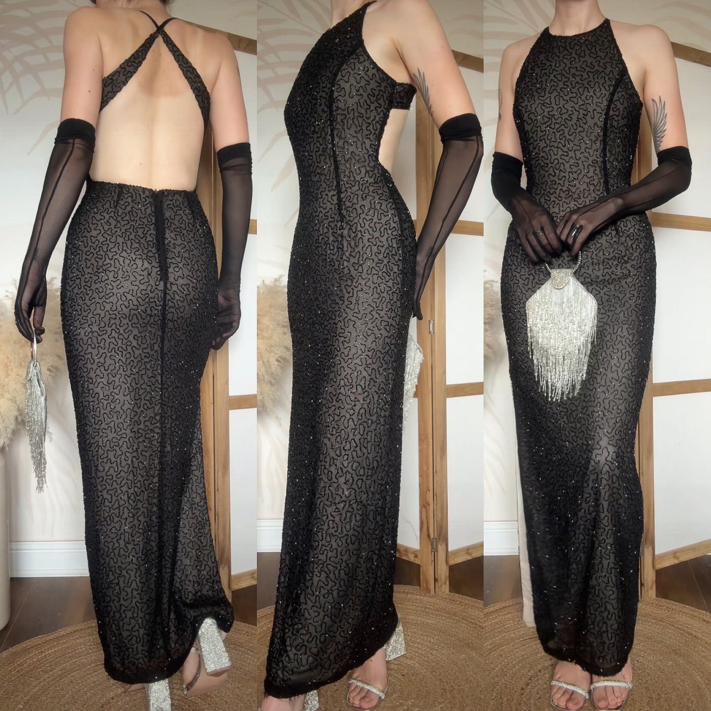 Marina black beaded evening dress uk 8