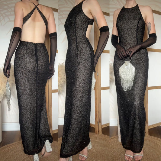 Marina black beaded evening dress uk 8