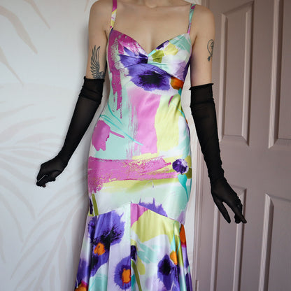 Colourful satin fishtail evening dress UK 14