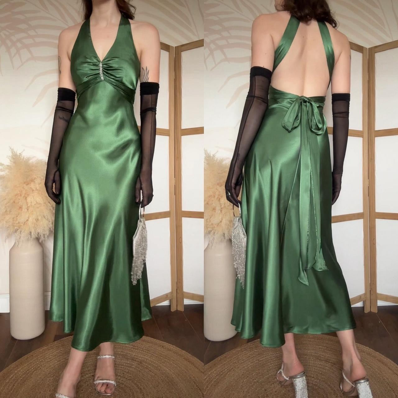 Green satin Niki Livas midi dress uk 8-10