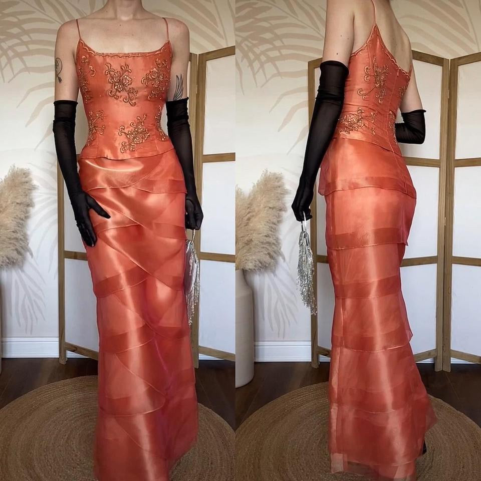 Niki Livas orange layered evening dress uk 12-14