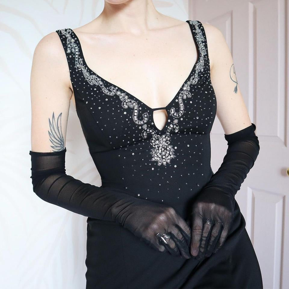 Black low cut lace up back evening dress UK 8-10