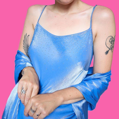 Silky blue beaded slip dress & shawl UK 12