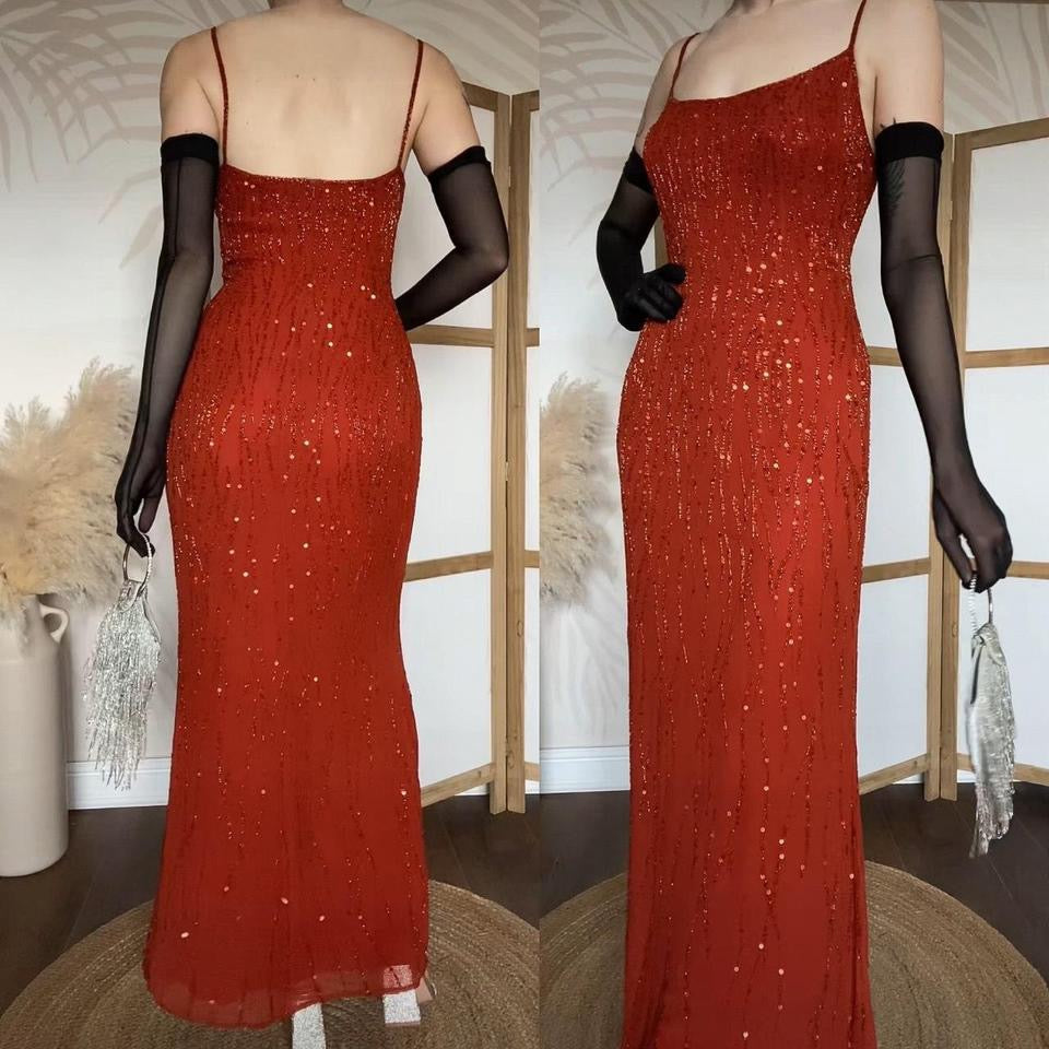 Burnt orange 100% silk beaded/sequin evening dress uk 12-14