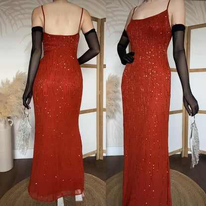 Burnt orange 100% silk beaded/sequin evening dress uk 12-14