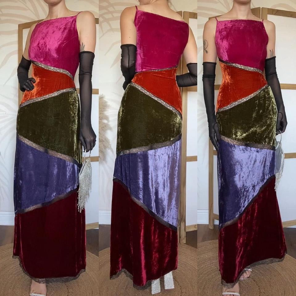 Velvet silk blend panelled evening dress uk 12