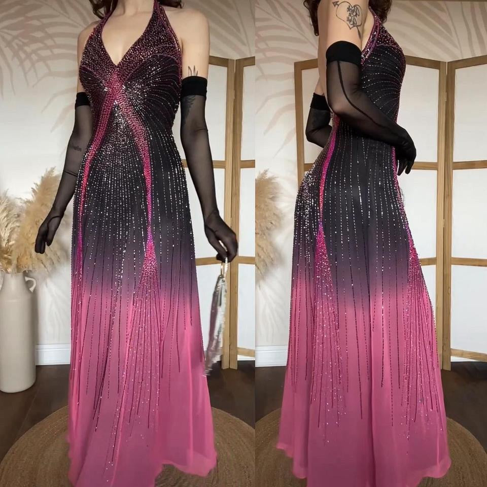 100% silk pink ombré halter neck evening dress uk 8