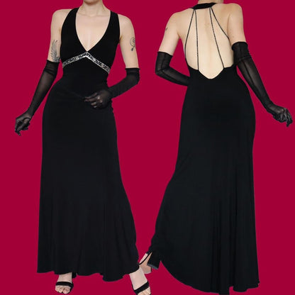 Black stretch open back evening gown UK 12-14