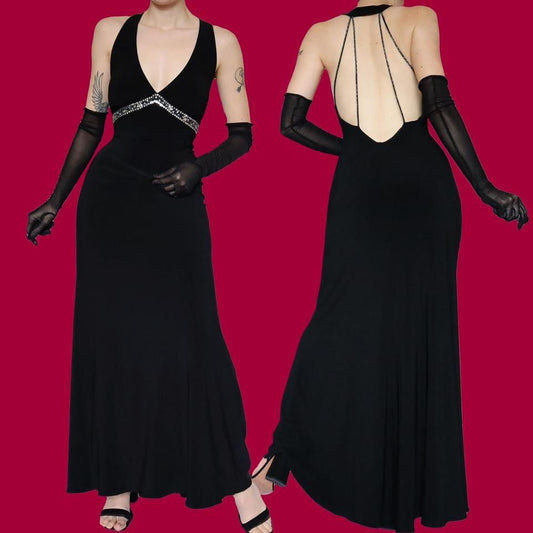 Black stretch open back evening gown UK 12-14
