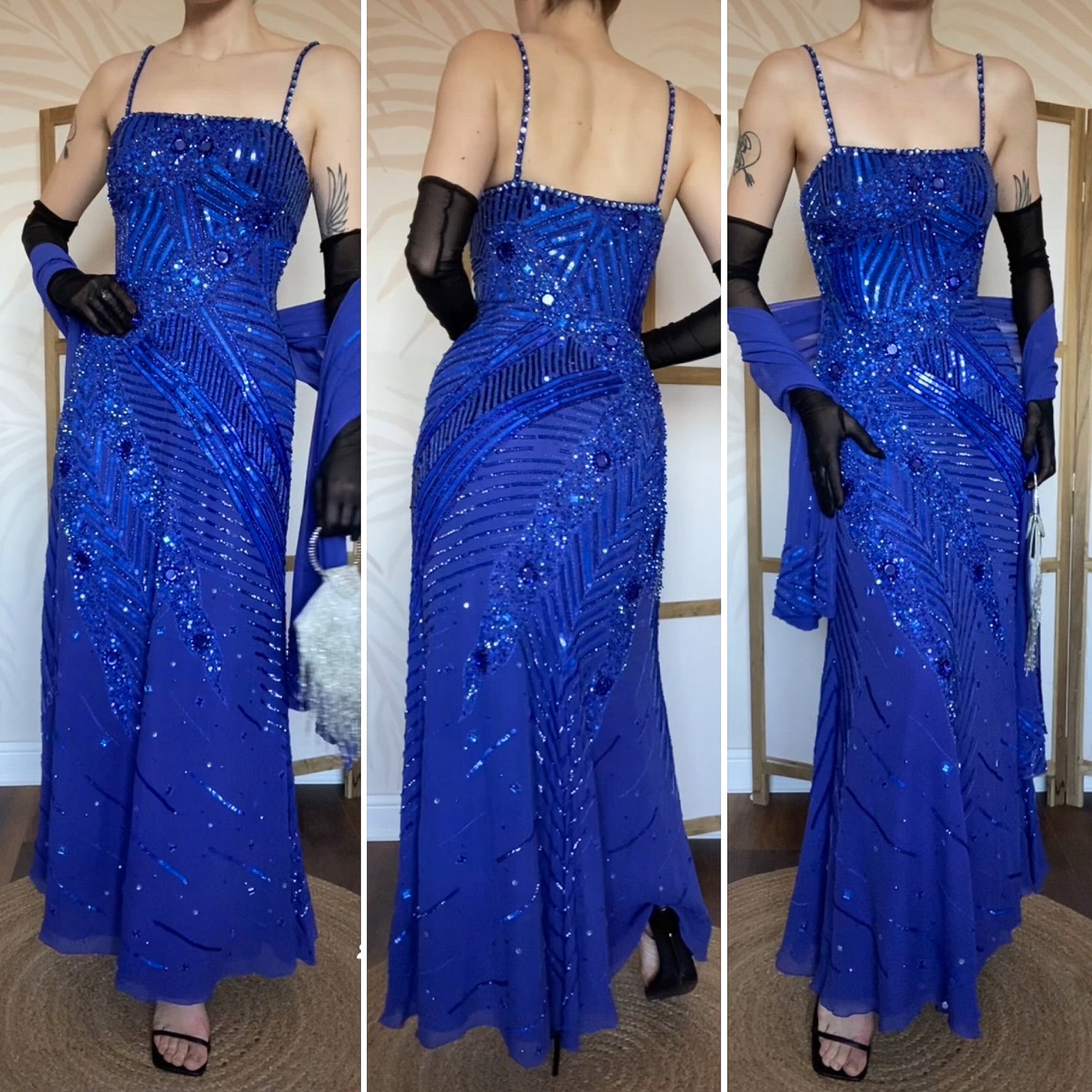 Frank Usher 100% silk beaded blue evening dress & shawl UK 12 Scum Vintage Frank Usher 100% silk beaded blue evening dress & shawl UK 12 Scum Vintage