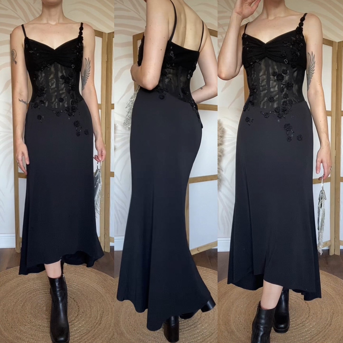 Black Dusk stretch sheer waist evening dress UK 12