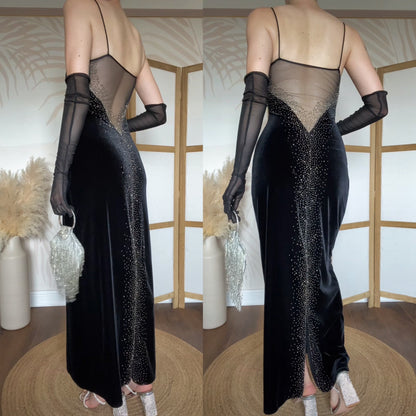 Dave & Johnny black velvet stretch beaded evening dress uk 10