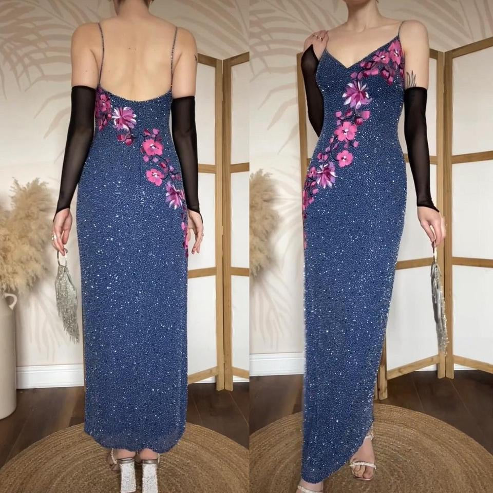 Blue silk beaded floral evening dress UK 12-14