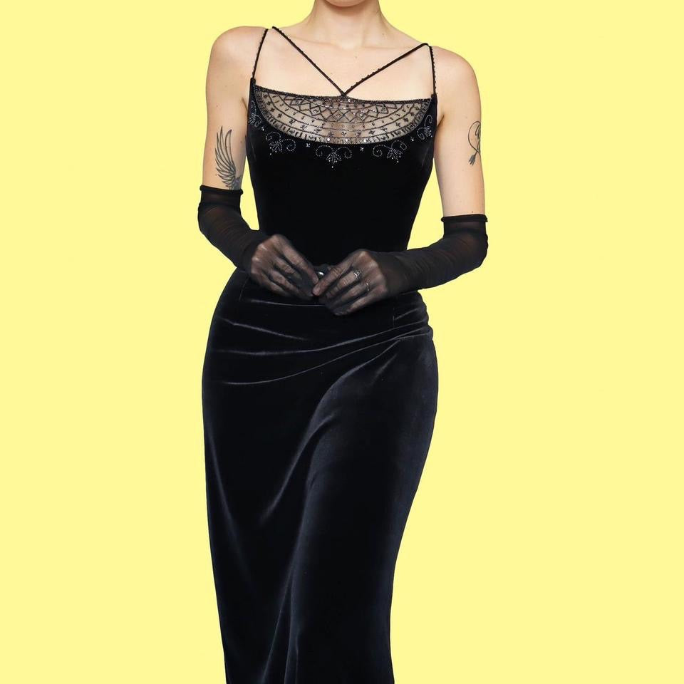 Black velvet beaded evening dress UK 14-16