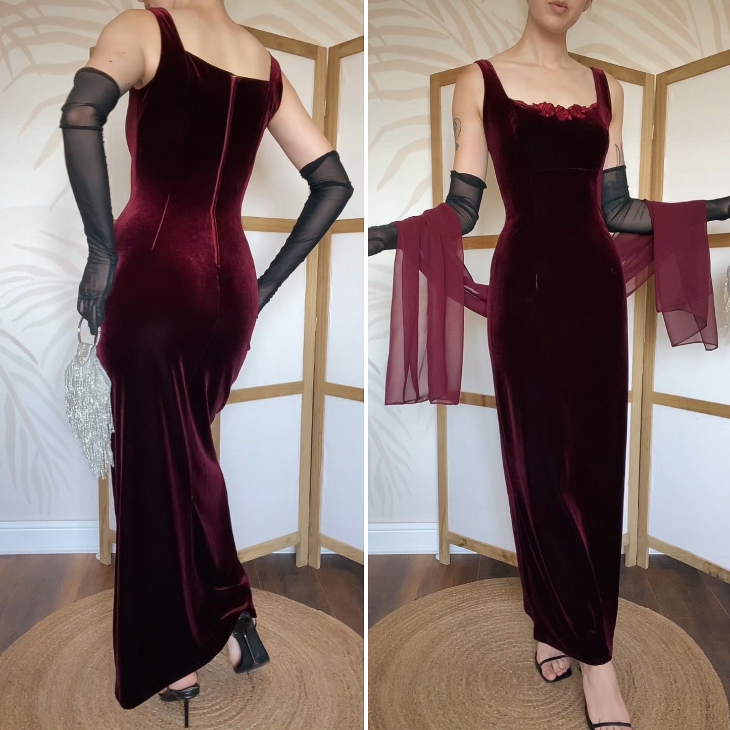 Red velvet stretch evening dress & shawl uk 10