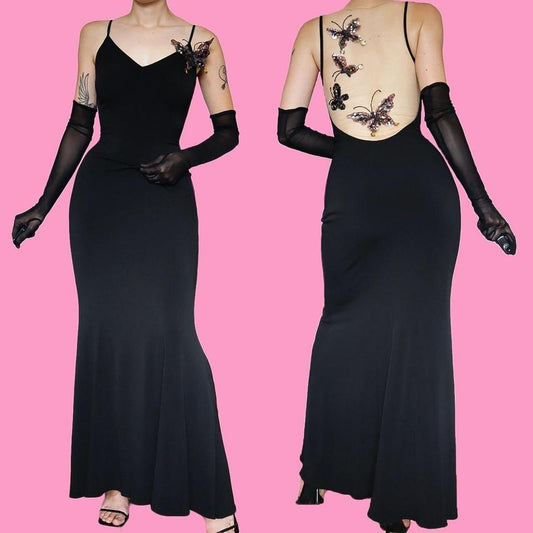 John Charles vintage y2k black butterfly evening gown UK 12
