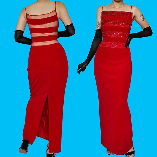 Red Vintage John Charles Beaded Sheer Back Evening Dress UK 14