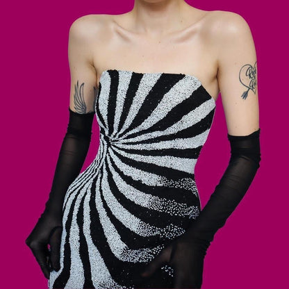 Black & white Kaleidoscope beaded evening gown UK 12