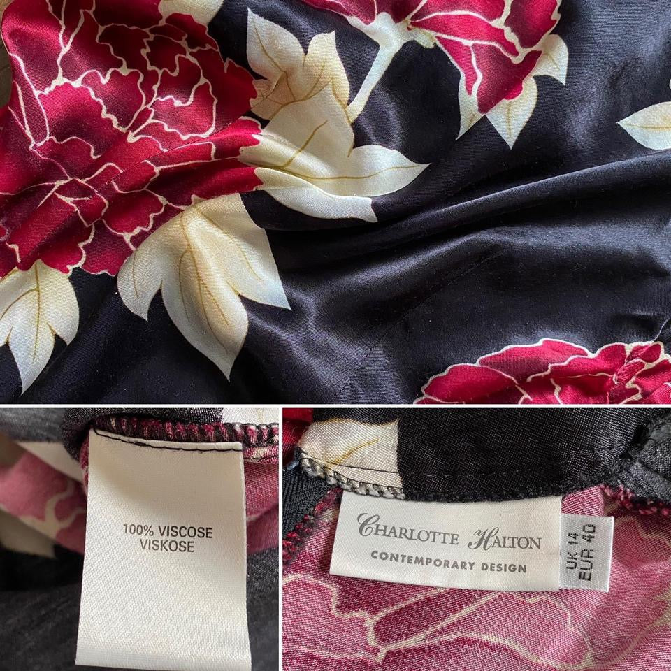 Charlotte Halton silky black floral dress UK 12