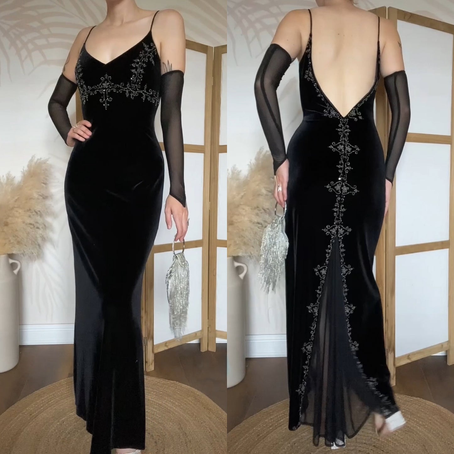 Black velvet beaded stretch evening dress uk 12-14