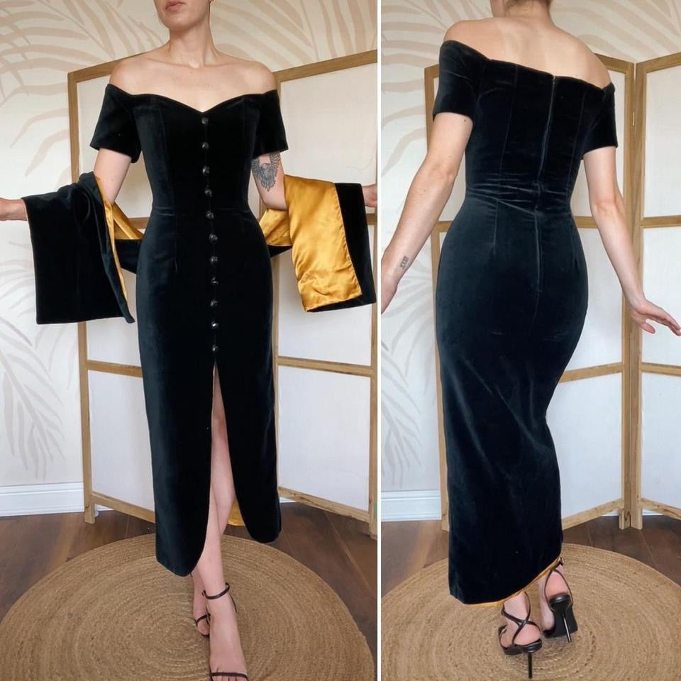 Debut cold shoulder black velvet evening dress & shawl uk 12