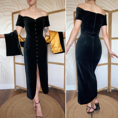 Debut cold shoulder black velvet evening dress & shawl uk 12