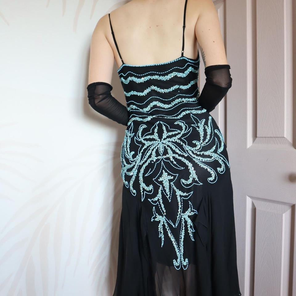 Black evening dress with turquoise beading & shawl UK 12