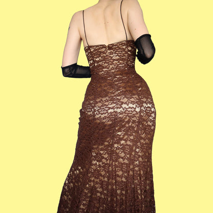 Dave & Johnny brown lace glittery evening gown UK 6