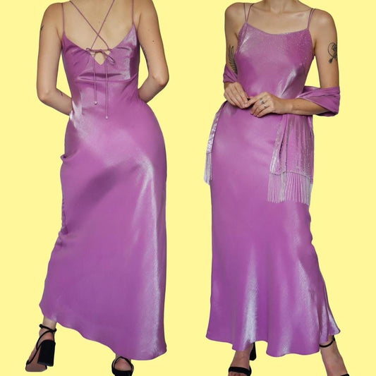 Silky lilac beaded evening dress & shawl UK 8