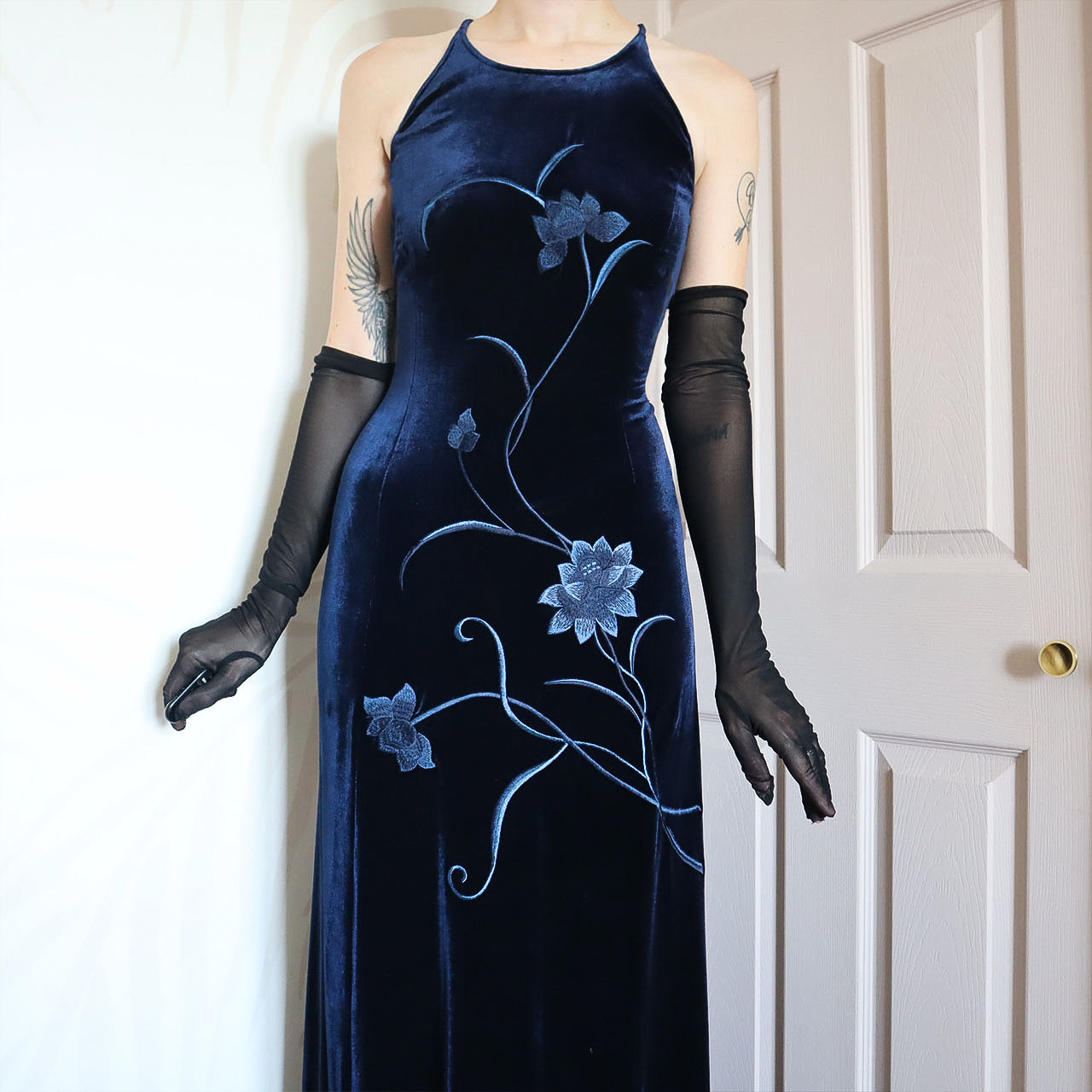 Vintage Gina Bacconi Blue Velvet evening Gown UK 14