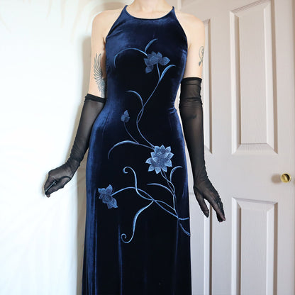 Vintage Gina Bacconi Blue Velvet evening Gown UK 14
