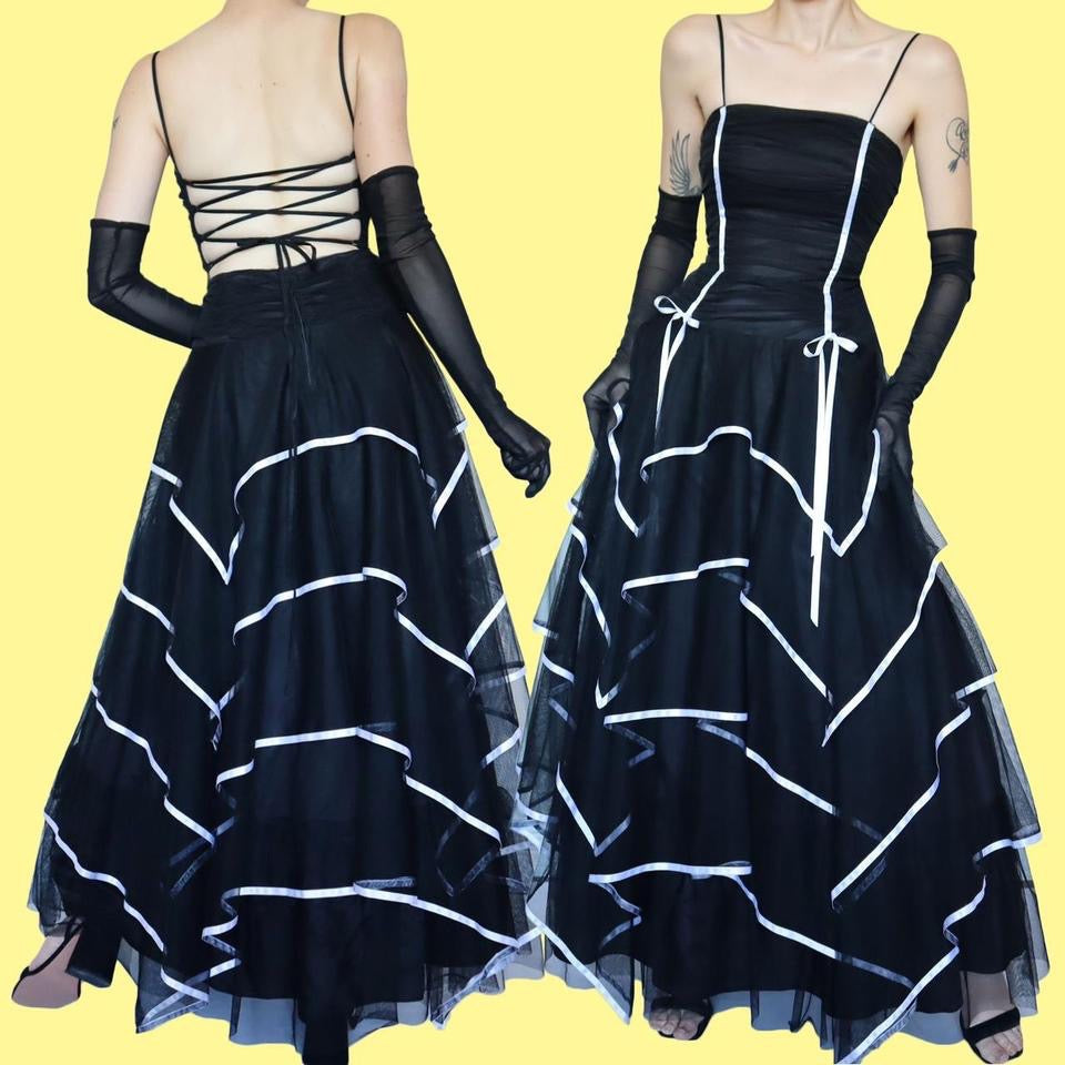 Black layered ribbon tulle evening dress UK 12 available