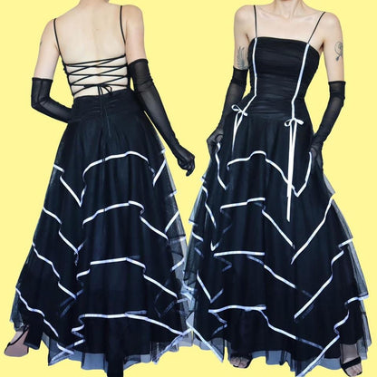 Black layered ribbon tulle evening dress UK 12 available