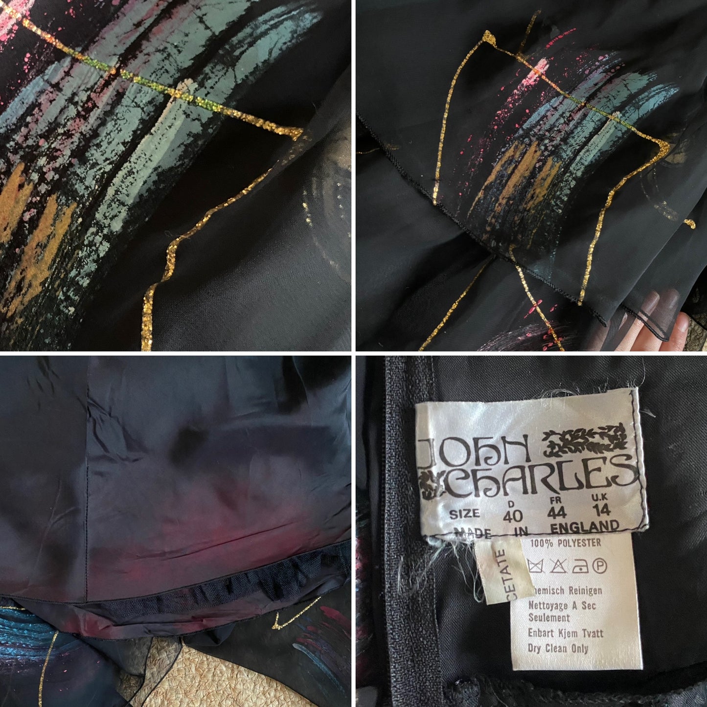 John Charles vintage black layered evening gown UK 12