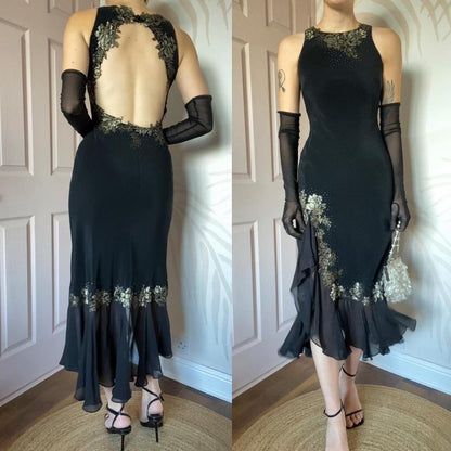 Black open back lace midi dress UK 6-8